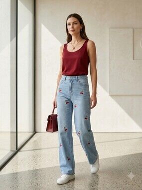 ROMWE Blue Jean Cotton Blend Embroidered Red Cherries Denim Coquette Size Small